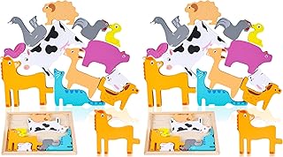 LovesTown Wooden Stacking Puzzles for Kids, Farm Animal Chunky Jigsaw, Educational Learning Toy, 12 PCS (Pack of 2)