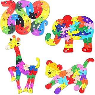 Yunsailing 4 Pcs Alphabet Jigsaw Puzzle Wooden Blocks Toys Alphabet Educational Toddler Puzzle Toys for Preschool Learning Party Favor Gift Learning(Giraffe, Snake, Elephant, Leopard)