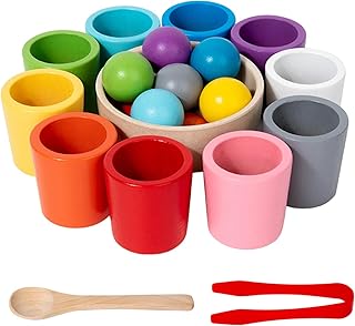 Rainbow Balls in Cups Montessori Toy for Toddlers, Wooden Sorting & Stacking Learning Game, Color Matching Counting Toy, Educational Toys for 1 2 3 Year Old Boys Girls
