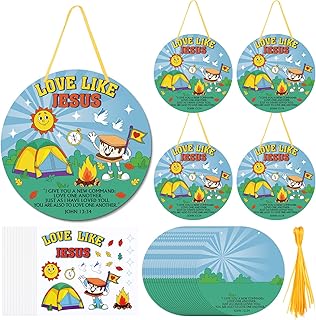 Motipuns 24 Pcs VBS Camp Crafts DIY Campground Foam Sign Hanging Craft Kits for VBS Sunday School Holy Week Vacation Bible School Christian Classroom Home Activities Supplies Decor