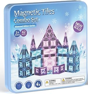 burgkidz Magnetic Tiles Set with Storage Tin – Large & Small Combo, Sparkling Glitter, Transparent Pink & Purple, STEM Travel Toys for Kids (Blue)
