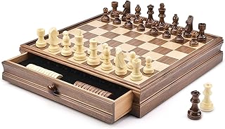 Ajedrez 15" Wooden Chess & Checkers Set with Drawer Storage - Classic 2-in-1 Board Game with Triple Weighted PiecesV