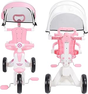 Generic Adjustable Push Handle Baby Tricycle, Removable Footrest Music Light Folding Canopy for 18 Months to 5 Years Boys Girls, with Enlarged EVA Wheels, Ideal for Indoor Outdoor Use (Roseate)