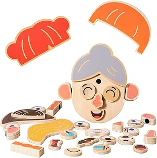 Montessori Children's Toys Wooden Animal Character Face-Changing Puzzle Creative Building Blocks for Over 36 Months,B