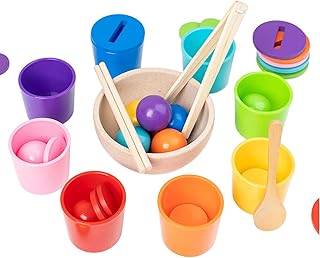 Montessori Matching Game, Rainbow Balls in Cups Wooden Color Sorting Ball Toy Classification Cup Game with Spoon and Tongs