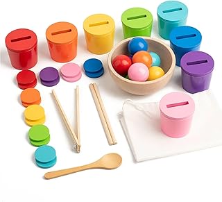 Montesssori Wooden Ball in Cups Toddler Toys for 1 Years Old, Rainbow Color Sorting Toy Coin Box Matching Game
