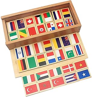 Montessori Wooden Blocks 80Pcs National Flag with Wood Box Preschool Gift Children National Flag Education Toys