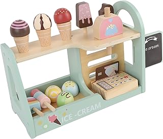 Wooden Ice Cream Toys, Play Food Accessories Simulation Building Blocks, with Ice Cream Counter Shop Playset for Kids