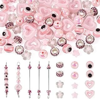 Spritewelry Beadable Keychain Bar Set, 72Pcs Pink Assorted Acrylic Beads Heart Star Flower Rhinestone European Bead Round Evil Eye Resin Beads Colorful Bag Charm Kits for Couple Keyring Backpack