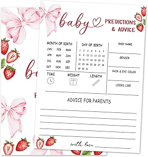 Strawberry Bow Baby Predictions & Advice Shower Game Cards, Berry Sweet Baby Shower Games Ideas for Girl, Gender Neutral Party Supplies /30 Cards-baby09