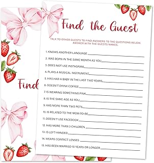 Strawberry Bow Baby Shower Game Cards, Find The Guest Berry Sweet Baby Shower Games Ideas for Girl, Gender Neutral Party Supplies /30 Cards-baby05