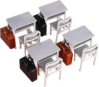 Dollhouses School Furniture Model 4PCS Desk Chair Backpack Set in 1: 12 Scale Miniature Dollhouses School Accessories Collection