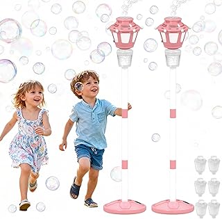 2 Pack Bubble Machine for Kids, Automatic Bubble Blower with Light & Rechargeable Battery, 40 Inch Adjustable Height Outdoor Toys for Party, Toddlers, Sibling Gifts (Includes 6 Solution), Pink