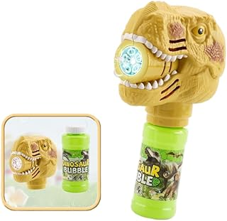 Dinosaur Bubble Gun with LED Lights - T-Rex Bubble Blower Machine, Battery Operated Bubble Wand Toy with Solution Included, Outdoor Summer Party Favors (Yellow)